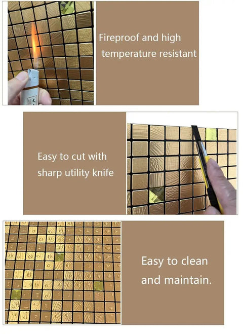 Peel And Stick Metal Backsplash Tiles 12x12 Inches Aluminum Mosaic Pack Of 10 Golden Diamond Self Adhesive demonstrating fire resistance and easy cutting.