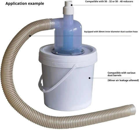 Heavy Duty Industrial Cyclone Dust Collector With 50Mm Hose Port, clear top and beige hose, used for debris separation and air filtration.