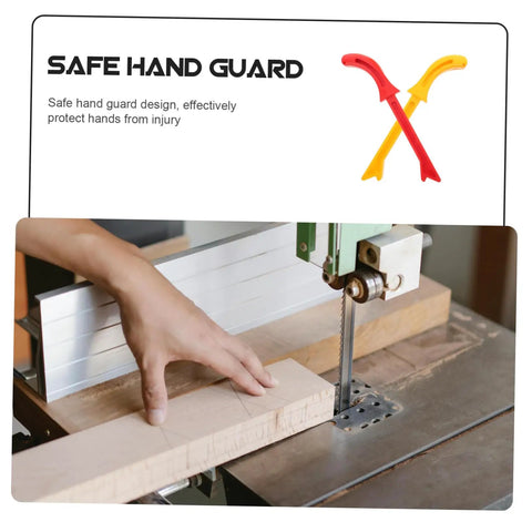 2 Pack Red Push Blocks For Table Saw And Jointer next to saw blade, hand guiding wood, promoting woodworking safety.