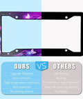 Comparison of butterfly design Universal Durable Aluminum License Plate Frame Cover 12.3 x 6.3 Inch Car Plate Holder with text chart.