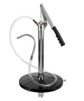 Lever-action bucket pump for 5-gallon pails; front view; black base, chrome rod, clear tubing