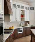 Modern kitchen with Five Inch Center To Center Warm Champagne Bronze Modern Cabinet Pulls In Brushed Zinc Alloy on white cabinets.