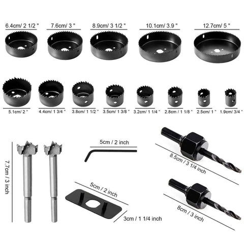 PETUOL 22-piece hole saw kit with mandrels, drill bits, hex key and storage box; sizes 19–127 mm