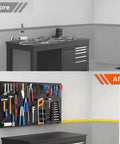 Before and after of garage with 4 Pack Metal Pegboard Wall Panels For Garage Tool Storage And Organization, Durable Wall Mount Peg Boards For Tools, Ideal For Home Garage Shed Basement, Fits Standard One Eighth Inch And One Quarter Inch Pegboard Hooks installed above a workbench.