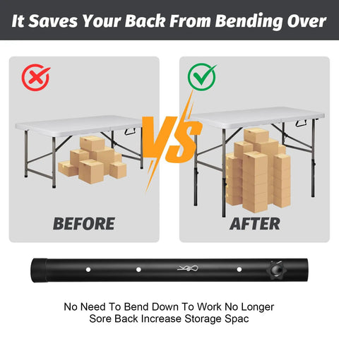 Before and after comparison of Four Pack Heavy Duty Steel Table Leg Extenders With Quick Adjust Risers For Folding Tables.
