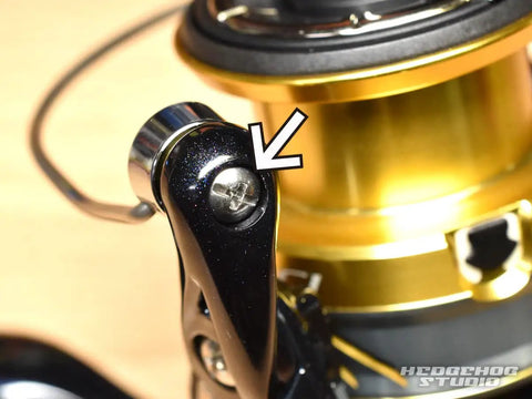 Close-up of screw on Nexave Fi Line Roller Bearing Upgrade Kit for 21 Nexave Fishing Reels with arrow pointing to detail.