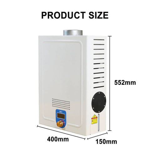 12V Diesel Tankless Water Heater For RV And Camper Vans, displaying dimensions 552mm x 400mm x 150mm for compact installation.