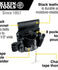 Leather Tool Pouch Go-To 8 Pocket Carry System, moisture-resistant, black, shown with belt loop, tape holder, and chain thong.