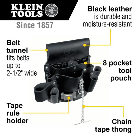 Leather Tool Pouch Go-To 8 Pocket Carry System, moisture-resistant, black, shown with belt loop, tape holder, and chain thong.