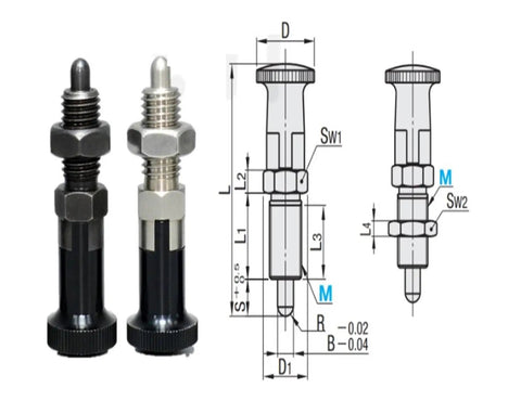 Rock Solid Self Locking Plunger Pin With Fine Thread Indexing Positioning Knob And Alignment Dowel for heavy duty machine use.