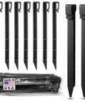 Heavy Duty 10 Inch Plastic Landscape Edging Stakes 50 Pack Black UV Resistant Anchoring Spikes For Edging Gardens Planters Lawn Turf And Terraces Made In USA Fits Most Bender Board Brands Easy Installation With A Rubber Mallet, showing multiple black plastic stakes and packaging.