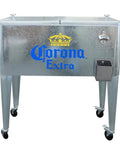 Front view of Corona 80 Qt Galvanized Cooler with Wheels for Outdoor Patio Porch, showing galvanized finish and logo.