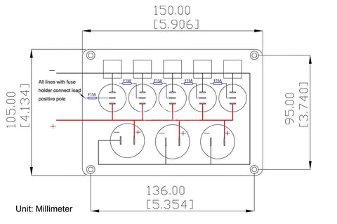 Technical drawing of Blue 5 Gang Marine Rocker Switch Panel with waterproof build showing dimensions and fuse connections.