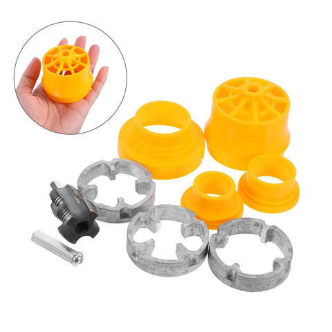 Heavy Duty 1/2 And 3/4 Inch Pipe Threader Kit For Water Pipes. Electric drill adapter parts with yellow and alloy iron components.
