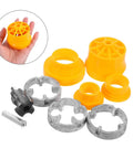 Heavy Duty Electric Plastic Pipe Threader Kit With Multiple Dies, yellow plastic and steel components for plumbing tasks.