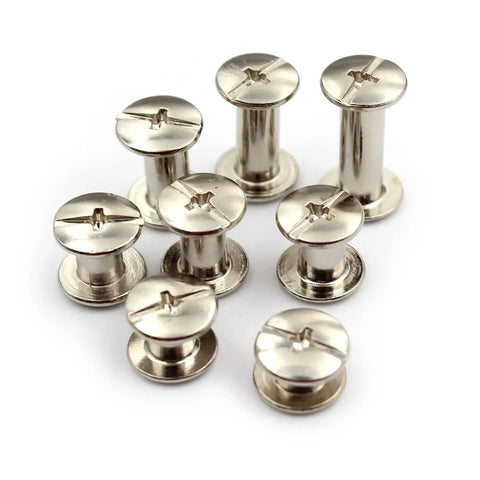 Rock Solid 120 Piece Chicago Binding Screw Kit, Assorted M5 metal rivets, flat head studs in clean silvery finish.