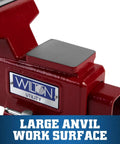 Detail of Utility Bench Vise Workhorse with large anvil work surface and 4-1/2 inch jaw showing brand label.