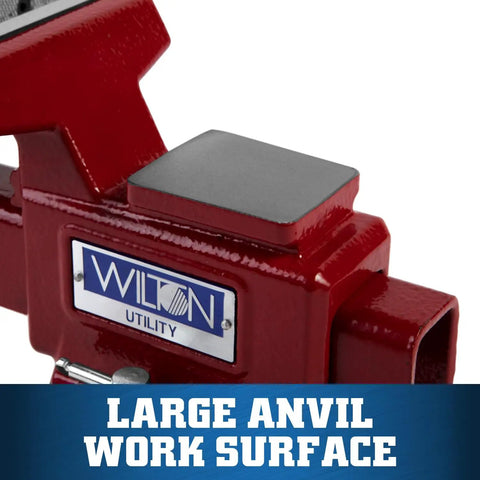 Detail of Utility Bench Vise Workhorse with large anvil work surface and 4-1/2 inch jaw showing brand label.