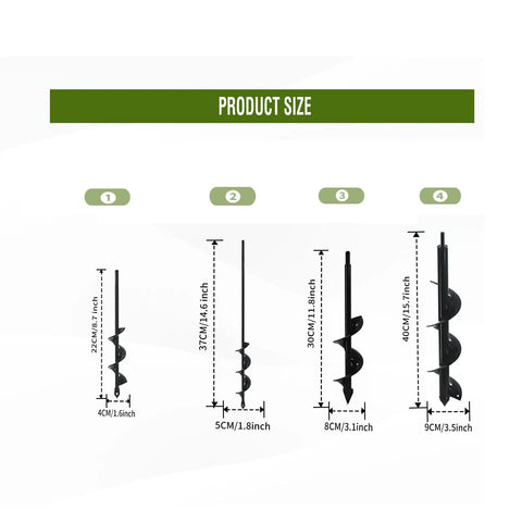 Dimensions of Auger Drill Bit Set Of 4 For Planting, Garden Spiral Earth Bits For 3/8 Inch Hex Drive Drills shown vertically