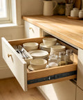 Buttery Smooth Soft Close Drawer Slides 8 Inch Full Extension Ball Bearing Side Mount Glides in kitchen drawer with dishes.