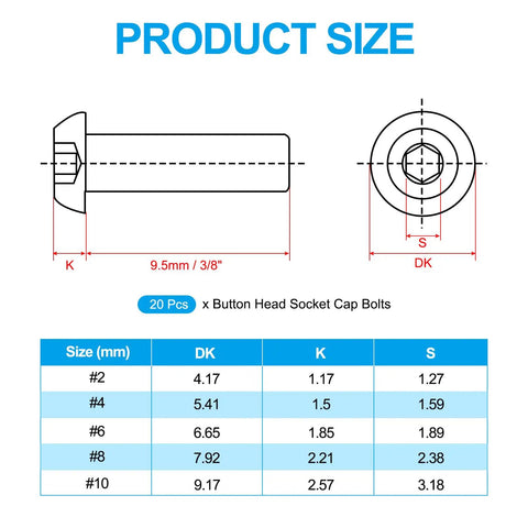 Top Shelf Heavy Duty Button Head Socket Cap Screws, 20 Pack Number 10-32 By 3/8 Inch 304 Stainless Steel product size diagram.