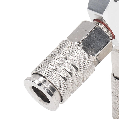 Close-up of Air Splitter 3 Way Manifold With 1/4 Inch NPT Quick Connect, showing antirust aluminum fitting and self locking mechanism.