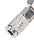 Close-up of Three Way Air Manifold 1/4 NPT Male Thread Aluminum Alloy Pneumatic Fitting for industry use, showing connector detail.