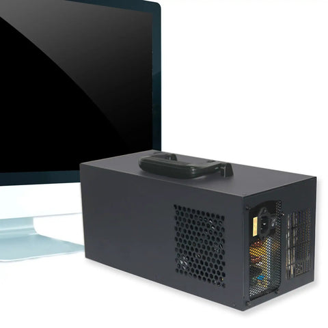 Heavy Duty Metal EGPU Dock With Usb4 Type C Providing 40Gbps Transfer and Fast Charging connected to a desktop monitor.