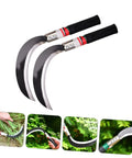 Two Pack Manganese Steel Weeding Sickle Garden Tool Set with curved blades for yard cleanups, in use cutting grass and branches.