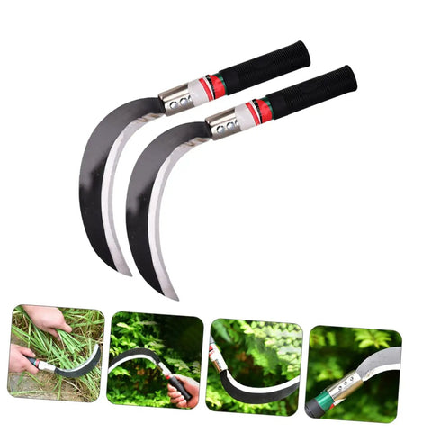 Two Pack Manganese Steel Weeding Sickle Garden Tool Set with curved blades for yard cleanups, in use cutting grass and branches.