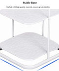 Close-up of the stable base of the Rock Solid 10 Tier Metal Shoe Rack With Coat Hooks, showing durable white shelves and sturdy frame.