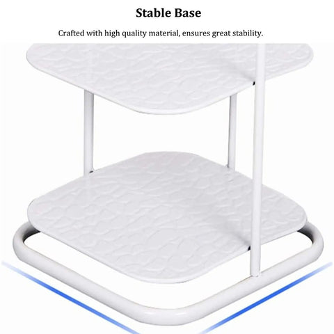 Close-up of the stable base of the Rock Solid 10 Tier Metal Shoe Rack With Coat Hooks, showing durable white shelves and sturdy frame.