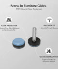 PTFE Screw-In Furniture Glides 0.75 Inch Round Blue Floor Protectors with secure installation details.