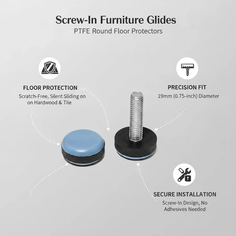 PTFE Screw-In Furniture Glides 0.75 Inch Round Blue Floor Protectors with secure installation details.