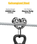 Half Inch Steel Cable Kit 10Ft 7x19 Aircraft Wire Rope With Loops attached to pulley, 23000 lbs breaking strength visible