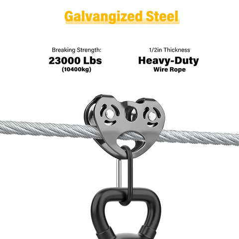 Half Inch Steel Cable Kit 10Ft 7x19 Aircraft Wire Rope With Loops attached to pulley, 23000 lbs breaking strength visible
