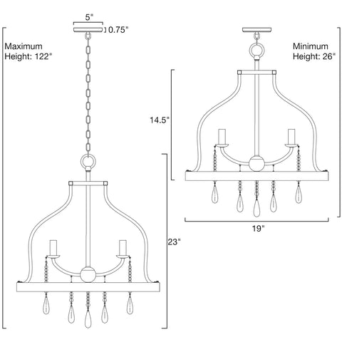Dimensions diagram of Three-Light Farmhouse Pendant Chandelier with Hanging Wood Accents in Light Oak and Black Finish