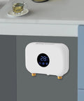 Compact Tankless Water Heater Electric Instant Hot Water Wall Mounted Unit Featuring Digital Display And Slick Thermostat under kitchen cabinet.