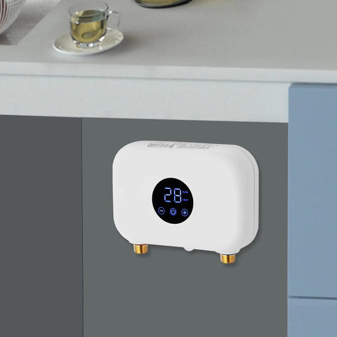 Compact Tankless Water Heater Electric Instant Hot Water Wall Mounted Unit Featuring Digital Display And Slick Thermostat under kitchen cabinet.
