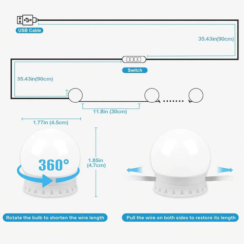 Diagram of Hollywood Style Vanity Lights For Mirror With USB powered stick on vanity strip showing dimensions and bulb rotation.