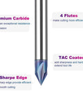 V-groove router bit, 60-degree, 4-flute, 1/4-inch shank, TAC-coated carbide, close-up view