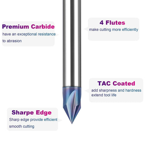 V-groove router bit, 60-degree, 4-flute, 1/4-inch shank, TAC-coated carbide, close-up view