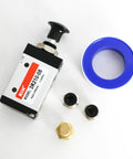 Pneumatic Lever Operated Manual Switch Valve 1/4 NPT, 3 Way 2 Position, accessories, and Teflon seal displayed.