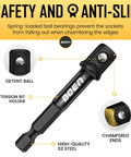 Ten Piece Three Eighths Inch Drive Impact Grade Socket Adapters Set With One Quarter Inch Hex Shank For Quick Change Drills And High Torque Impact Wrenches SAE Bit Adapters For Power Drill To Wrench shown with detent ball, chamfered ends, and extension bit holder for safety and anti-slip.