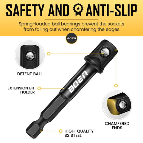 Ten Piece Three Eighths Inch Drive Impact Grade Socket Adapters Set With One Quarter Inch Hex Shank For Quick Change Drills And High Torque Impact Wrenches SAE Bit Adapters For Power Drill To Wrench shown with detent ball, chamfered ends, and extension bit holder for safety and anti-slip.