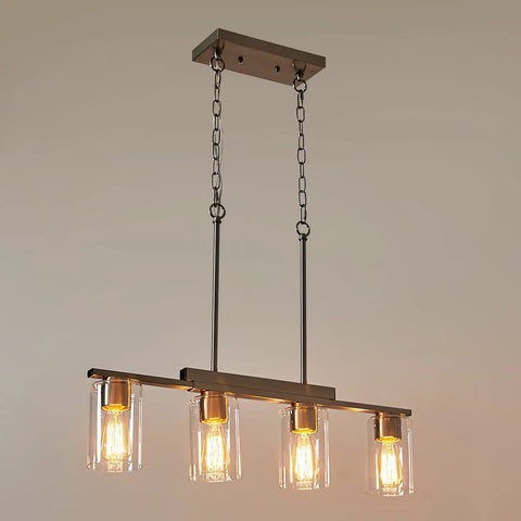 4 Light Linear Kitchen Island Pendant Light With Clear Glass Shades, Brushed Nickel Chandelier For Dining Room Over Table
