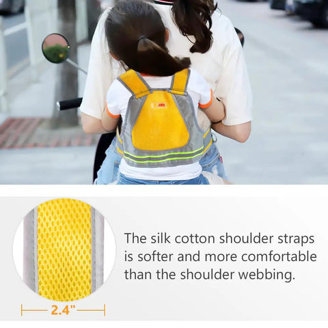 Child wearing Four In One Kiddo Friendly Motorcycle Harness for Safe Rides in Bright Yellow with Breathable Fabric on motorcycle