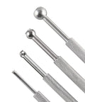 Front view of four-piece ball-type small hole gauge set with knurled steel handles.