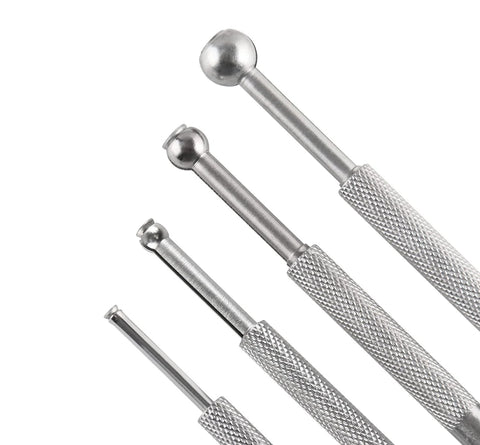 Front view of four-piece ball-type small hole gauge set with knurled steel handles.