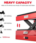 1200 Lbs Motorcycle Lift Scissor Jack for Dirt Bikes and ATVs Heavy Duty Steel Hoist Stand with weight capacity chart
